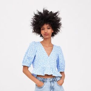Zara Light Blue Floral Peplum Blouse